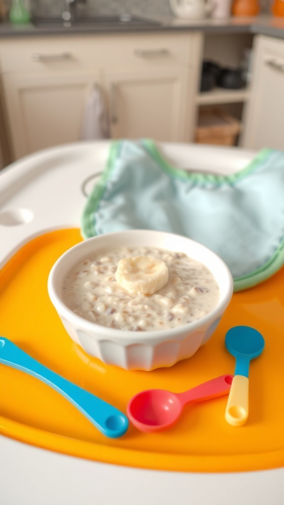 A bowl of baby oatmeal with mashed banana on a high chair tray, surrounded by baby utensils.